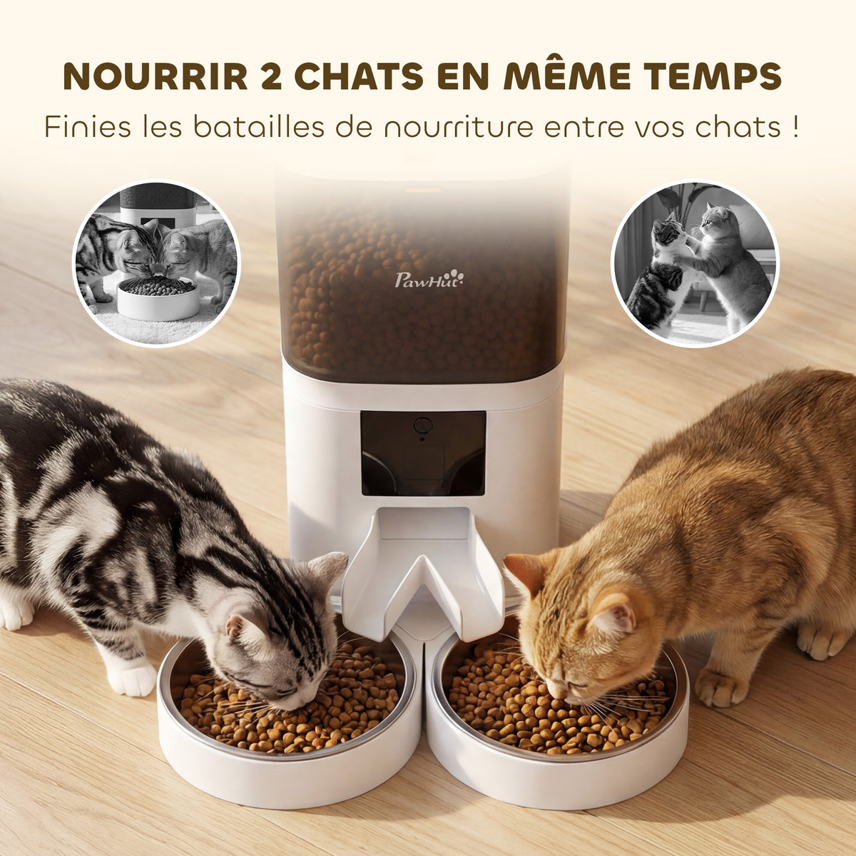 Distributeur Croquettes Chat Automatique 6L, Double Bol Inox, Contrôle par App, Alimentation de Secours, 37x36x35cm, Blanc