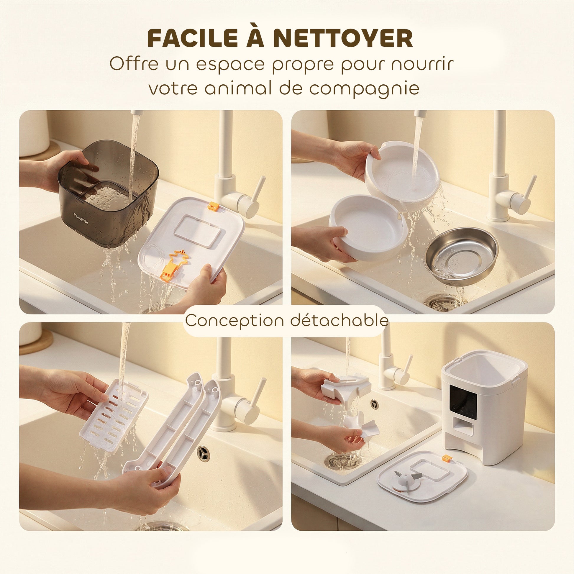 Distributeur Croquettes Chat Automatique 6L, Double Bol Inox, Contrôle par App, Alimentation de Secours, 37x36x35cm, Blanc