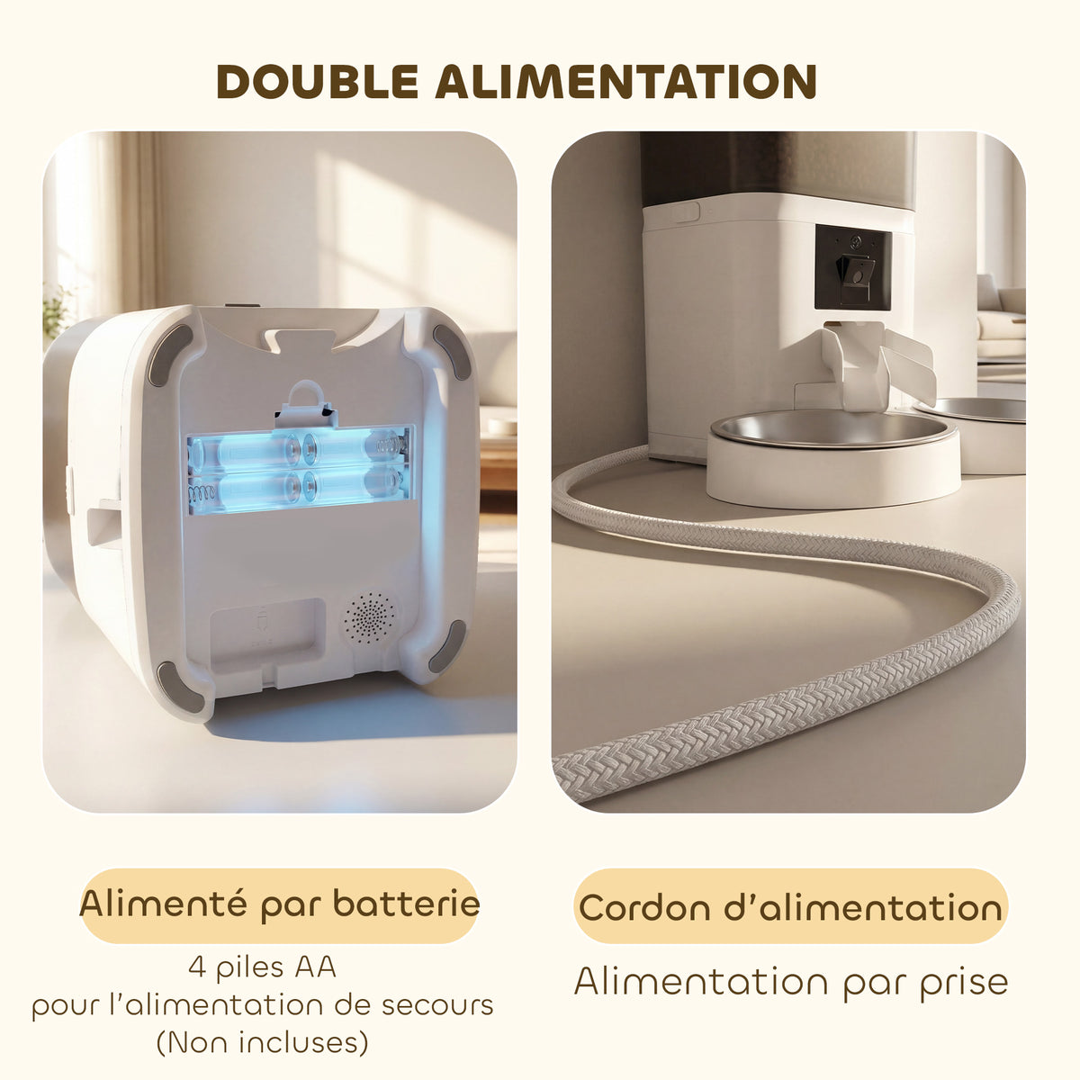 Distributeur Croquettes Chat Automatique 6L, Double Bol Inox, Contrôle par App, Alimentation de Secours, 37x36x35cm, Blanc
