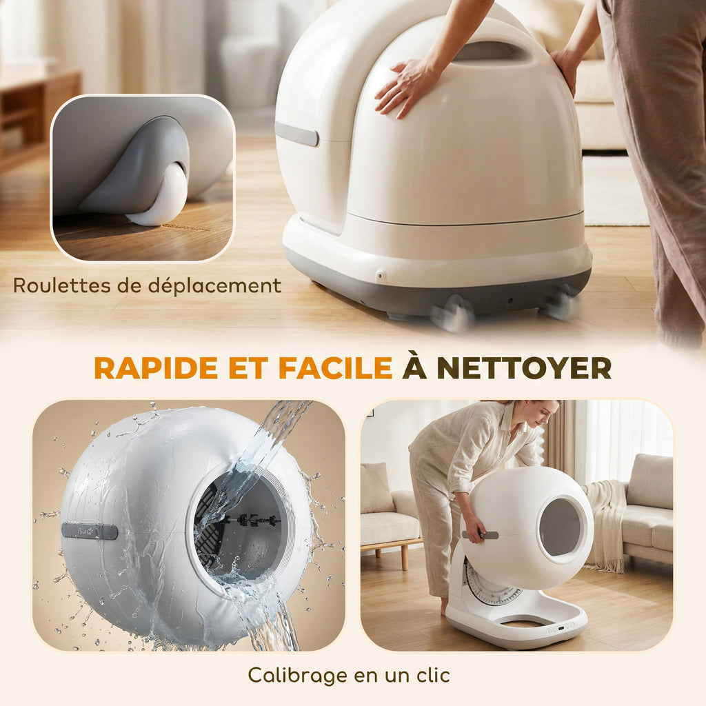 Litière Chat Autonettoyante 72L, Purification Action, Contrôle par App, Protection de Sécurité, 58,1x47,5x53cm, Blanc