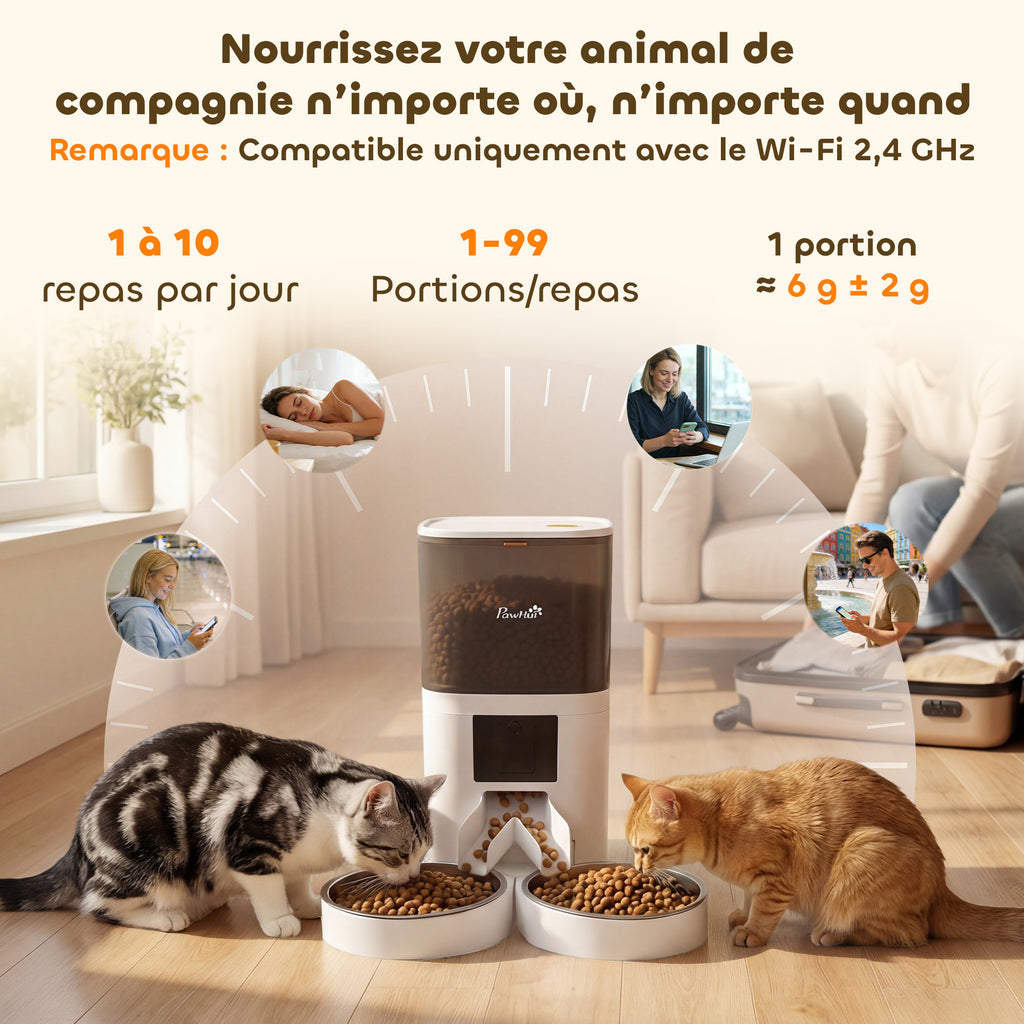 Distributeur Croquettes Chat Automatique 6L, Double Bol Inox, Contrôle par App, Alimentation de Secours, 37x36x35cm, Blanc