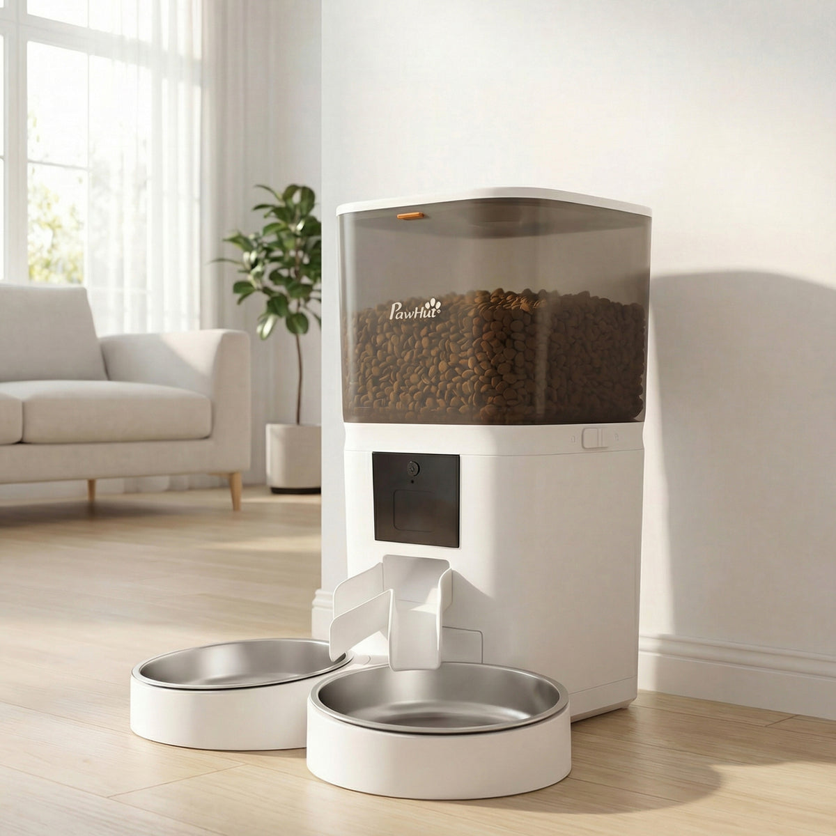 Distributeur Croquettes Chat Automatique 6L, Double Bol Inox, Contrôle par App, Alimentation de Secours, 37x36x35cm, Blanc