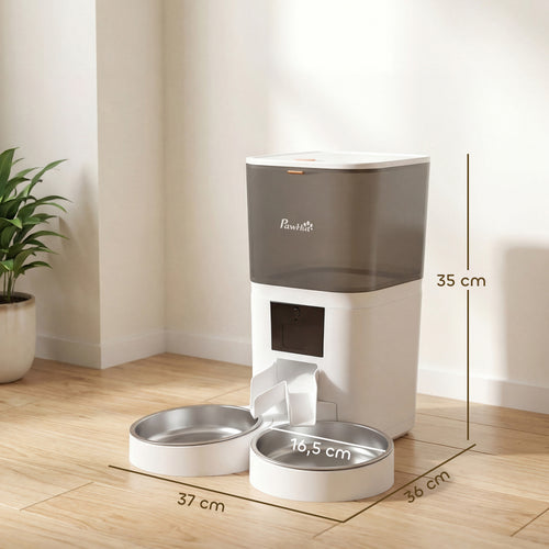 Distributeur Croquettes Chat Automatique 6L, Double Bol Inox, Contrôle par App, Alimentation de Secours, 37x36x35cm, Blanc